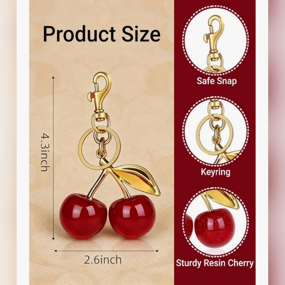 Cherry Keychain Bag Charm - Red And Gold Toned Accessory For Purse Backpack Gift - Picture 2 of 3
